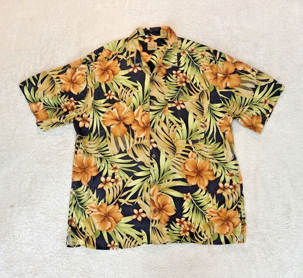 Jos A Bank Silk Hawaiian Button Shirt Mens XL Green Floral Leaves Aloha
